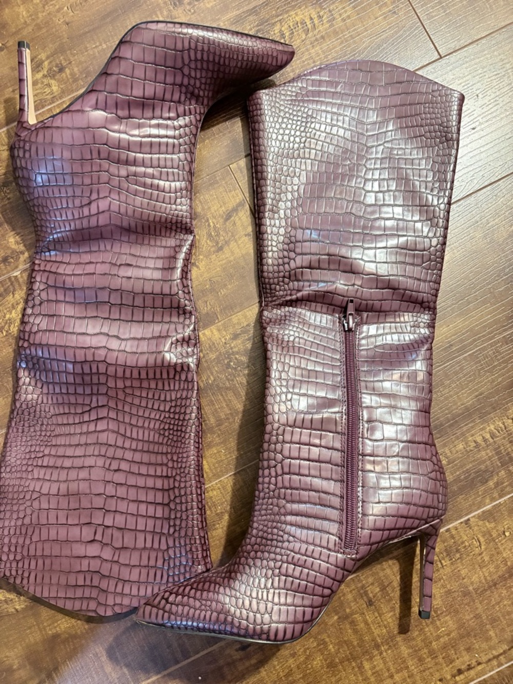 Call It Spring Croc-Embossed Knee Boots in Plum